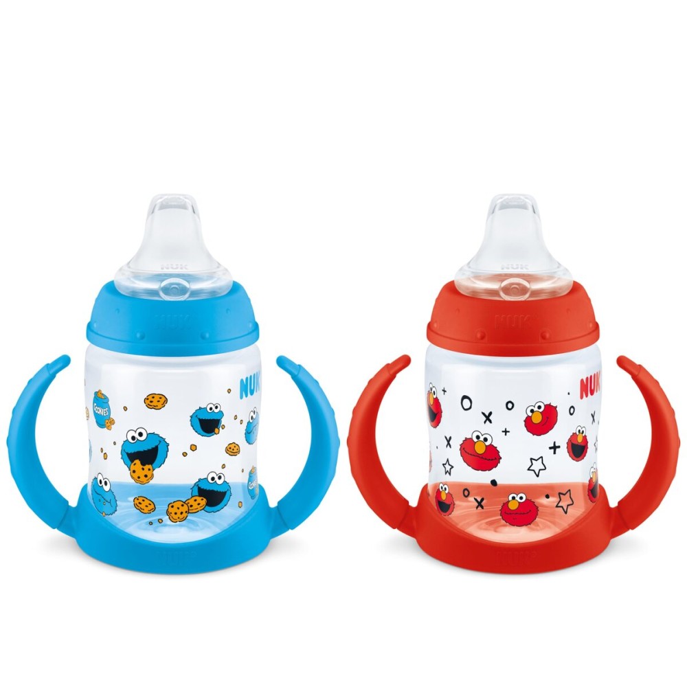 NUK Learner Cup, 5oz, Pack of 2, Sesame Street, Elmo and Cookie Monster - Soft Spout, Easy-Grip Handles, BPA Free, Spill Proof Transition Sippy Cup