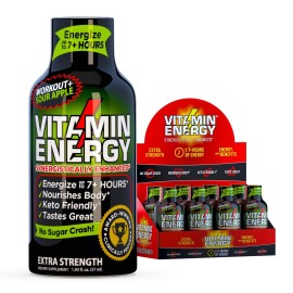 Vitamin Energy Workout+ Extra Strength Energy Shot Sour Apple 8 Pack, 260mg Natural Caffeine, Pre-Workout, B-Vitamins, Minerals, Endurance & Performance, Zero Sugar, Gluten-Free, Vegan, 1.93 fl oz