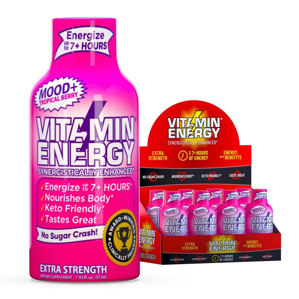 Vitamin Energy Mood+ Extra Strength Energy Shot Tropical Berry 8 Pack, 260mg Natural Caffeine, B-Vitamins, Rhodiola, Chamomile, Mood & Energy Support, Zero Sugar, Gluten-Free, Vegan, 1.93 fl oz