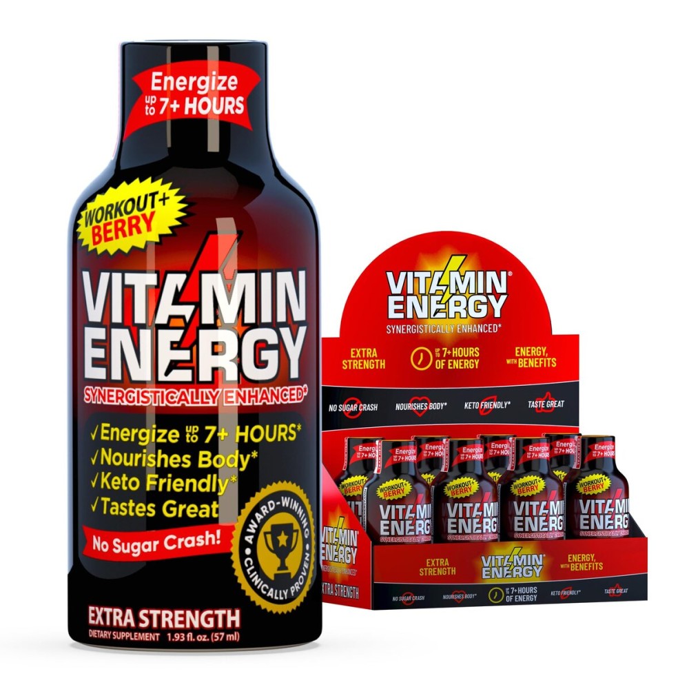 Vitamin Energy Workout+ Extra Strength Energy Shot Berry 8 Pack, 260mg Natural Caffeine, Pre-Workout, B-Vitamins, Minerals, Endurance & Performance, Zero Sugar, Gluten-Free, Vegan, 1.93 fl oz