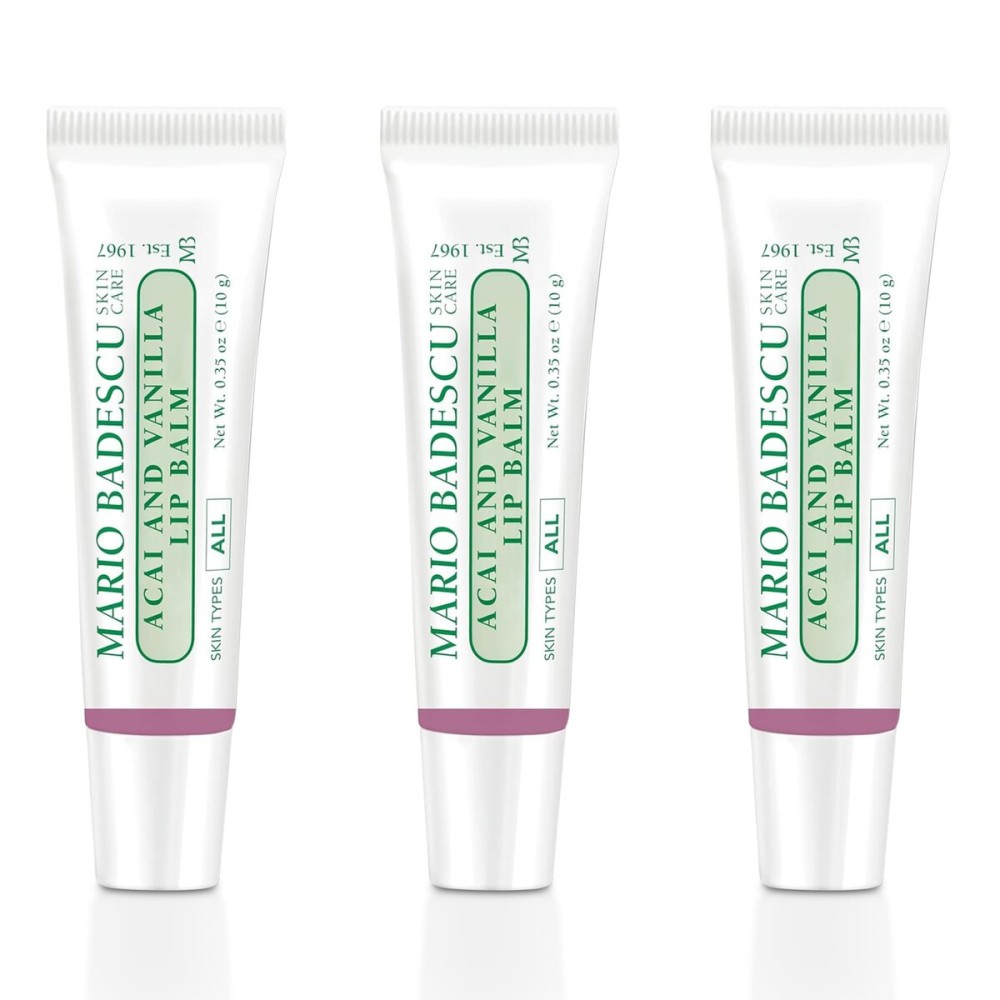 Mario Badescu Moisturizing Acai and Vanilla Lip Balm for Dry Cracked Lips, Infused with Coconut Oil and Shea Butter, Ultra-Nourishing Lip Care Moisturizer for Soft, Smooth and Supple Lips, 3 Pack