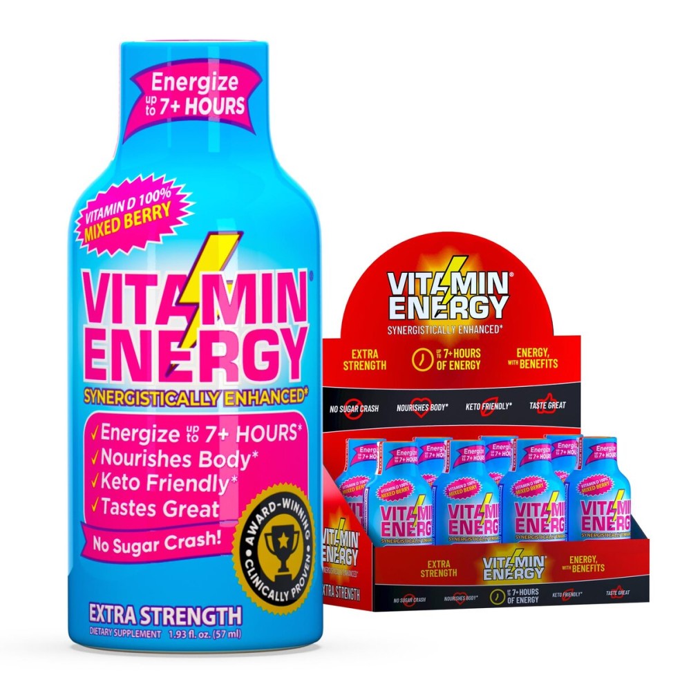 Vitamin Energy Vitamin D Extra Strength Energy Shot Mixed Berry 8 Pack, 260mg Natural Caffeine, B-Complex, Vitamin D, Wellness Support, Keto, Zero Sugar, Gluten-Free Vegan Kosher, 1.93 fl oz