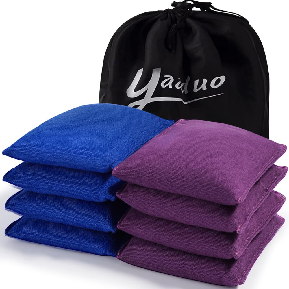 yaaduo Set of 8 Regulation Cornhole Bags Double Sided, Weather Resistant Bean Bags for Cornhole Toss Game, Corn Hole Beans Bags with Tote Bag (Blue/Purple)