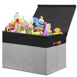 Large Toy Storage Box with Lid, Sturdy Toys Storage Chest Bin Organizer Basket with Dividers for Kids, Boys, Girls, Nursery, Closet, Bedroom, Playroom 26x17 x17 (Black and Grey)