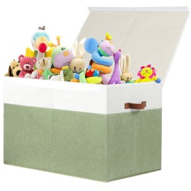 Large Toy Storage Box with Lid, Sturdy Toys Storage Chest Bin Organizer Basket with Dividers for Kids, Boys, Girls, Nursery, Closet, Bedroom, Playroom 26x17 x17 (Green and White)