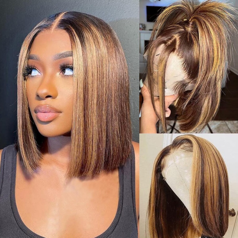 Skouty Bob Wig Human Hair Highlight Ombre 13x4 Lace Front Wigs 12A 4/27 Honey Blonde Glueless Wigs Human Hair Pre Plucked with Baby Hair 180 Density Short Bob Wigs for Women 10 Inch