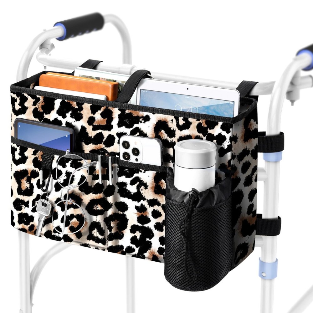 Rhino Valley Walker Bag, Multi Pockets Folding Walker Basket Tote Bag with Cup Holder,Hand-free Carry Pouch Storage Bag for Universal Walkers,Large Capacity Organizer for Seniors Elderly,Brown Leopard