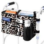 Rhino Valley Walker Bag, Multi Pockets Folding Walker Basket Tote Bag with Cup Holder,Hand-free Carry Pouch Storage Bag for Universal Walkers,Large Capacity Organizer for Seniors Elderly,Brown Leopard