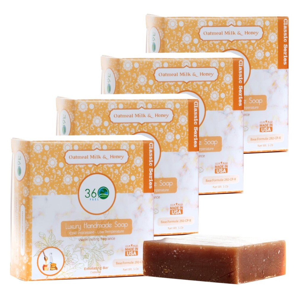 360 Feel Oatmeal Milk and Honey Bar Soap - Made in the USA - Castile Handmade All Natural Cold Processed - Pure Essential Oils - SLS-Free - Moisturizing Lather - (5oz, 4-Pack)