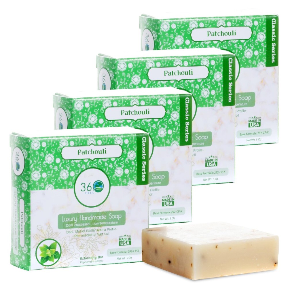 360 Feel Patchouli Bar Soap - Made in the USA - Castile Handmade All Natural Cold Processed - Infused with Artisanal Scent for Relaxation & Calm - Rich, Creamy Lather (5oz, 4-Pack)