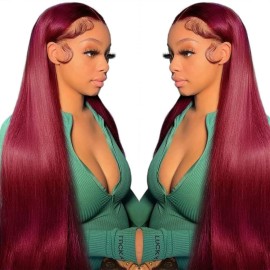 CHEETAHBEAUTY 9x6 Glueless Wigs Human Hair Pre Plucked Pre Cut 16 Inch Straight 99j Burgundy Lace Front Wigs Human Hair for Women 9x6 HD Lace Glueless Wig with Elastic Drawstring 220% Density