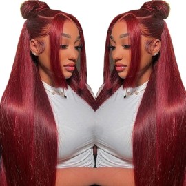 CHEETAHBEAUTY 9x6 Glueless Wigs Human Hair Pre Plucked Pre Cut 22 Inch Straight 99j Burgundy Lace Front Wigs Human Hair for Women 9x6 HD Lace Glueless Wig with Elastic Drawstring 220% Density