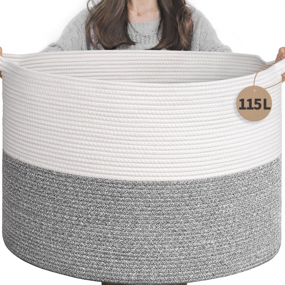 INDRESSME 115L Extra Large Blanket Basket, Soft Cotton Rope Storage Basket for Organizing, Home Decor, Toys, Laundry & Towels, Toy Storage Organizer for Living Room & Nursery, Light Grey