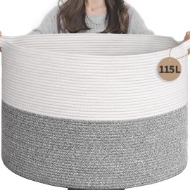 INDRESSME 115L Extra Large Blanket Basket, Soft Cotton Rope Storage Basket for Organizing, Home Decor, Toys, Laundry & Towels, Toy Storage Organizer for Living Room & Nursery, Light Grey