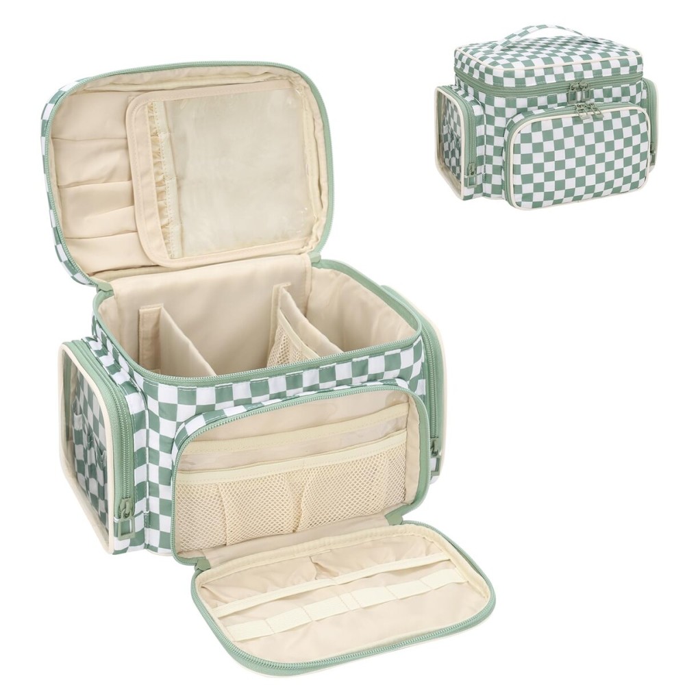 Large Checkered Makeup Bag, Portable Travel Makeup Bag Organizer for Women Girls with Makeup Brush Compartment & Two Side Pockets, Cosmetic Travel Bag Vertical Storage Toiletry Bag- Green1