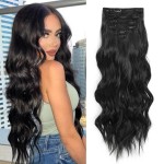 Fliace Clip in Hair Extensions, 6 PCS Natural & Soft Hair & Blends Well Hair Extensions, Dark Brown Long Wavy Hairpieces(24inch, 6pcs, Natural Black)