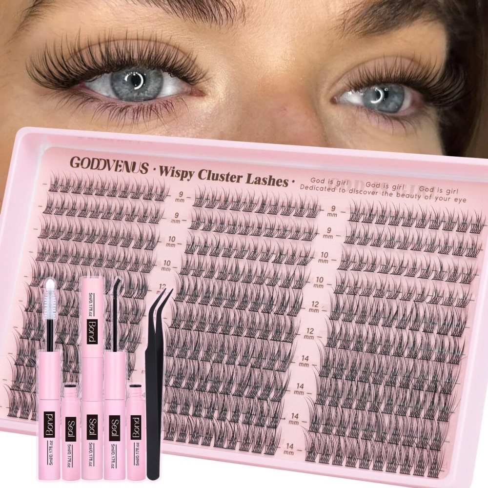 Goddvenus Lash Clusters Kit 9-14mm Wispy Eyelash Clusters Lashes Natural DIY Lash Extension Kit Short Cluster Eyelash Extensions Kit 300pcs C Curl Individual Lashes Cluster Eyelash (With Tweezers)