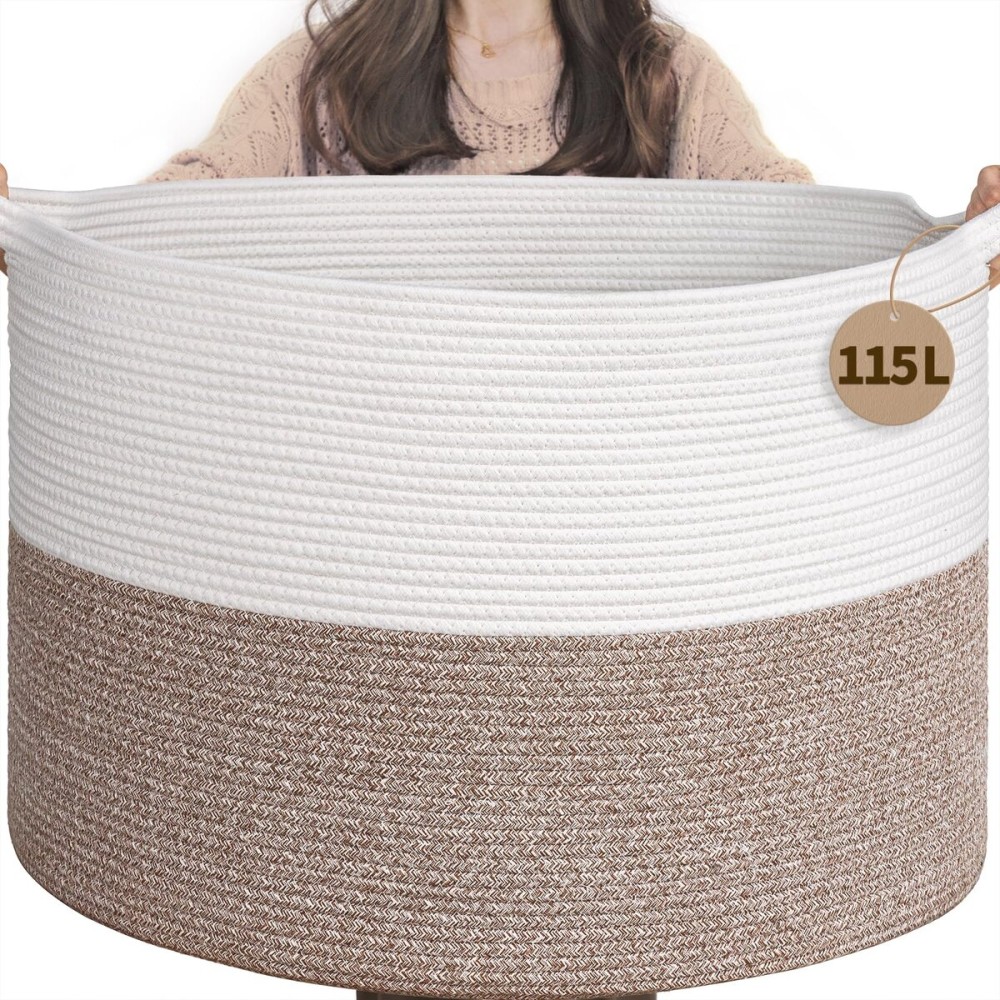 INDRESSME 115L Extra Large Blanket Basket, Soft Cotton Rope Storage Basket for Organizing, Home Decor, Toys, Laundry & Towels, Toy Storage Organizer for Living Room & Nursery, White & Brown
