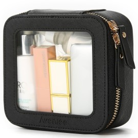 Aveniee Mini Clear Makeup Bag, Small Cosmetic Bags Travel Toiletry Pouch Organizer, TSA Approved Make up Case with Zipper, Car Bag for Essentials,Black