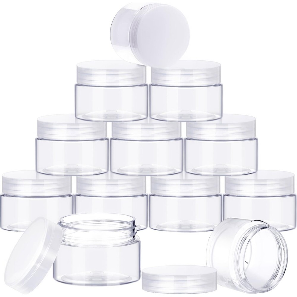 SATINIOR 12 Pack Plastic Container Jars with Lids Round Clear Travel Cosmetic Container Jars for Toiletries, Lotion, Cream, Ointments, Makeup, Rhinestone, Samples, Kitchen Storage(2 oz,White)