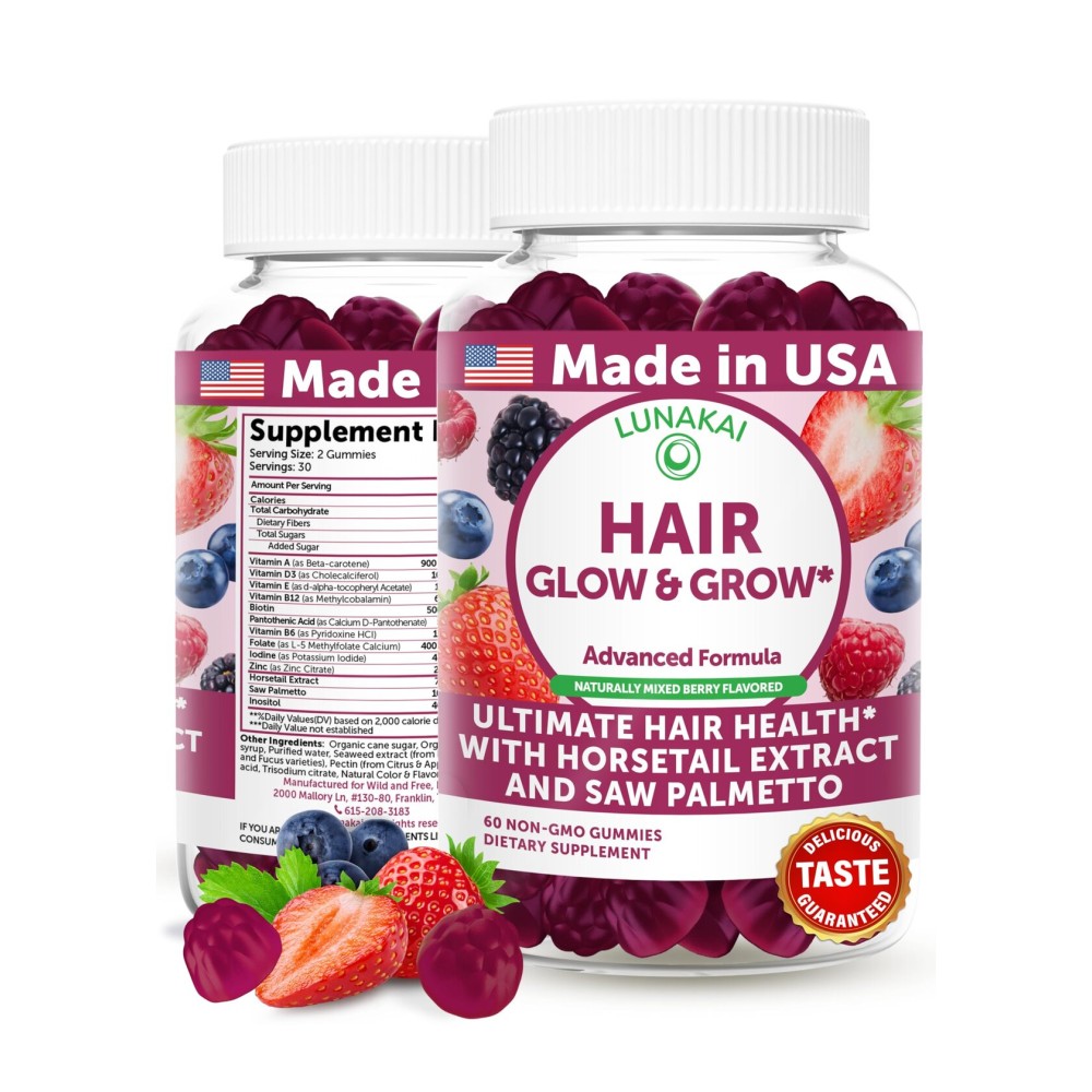 Lunakai USA Made Super Hair Gummies with Biotin, Zinc, Horsetail Extract & Saw Palmetto - Hair Growth Vitamins for Women & Men - Supports Thicker, Longer, Stronger Tresses, Skin & Nails, 60ct