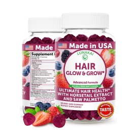 Lunakai USA Made Super Hair Gummies with Biotin, Zinc, Horsetail Extract & Saw Palmetto - Hair Growth Vitamins for Women & Men - Supports Thicker, Longer, Stronger Tresses, Skin & Nails, 60ct