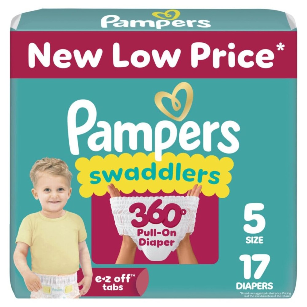 Pampers Diapers - Swaddlers 360 - Size 5, 17 Count, up to 100% Leakproof Comfy Dry Fit, Designed for Easy Changes, Pull On Baby Diaper