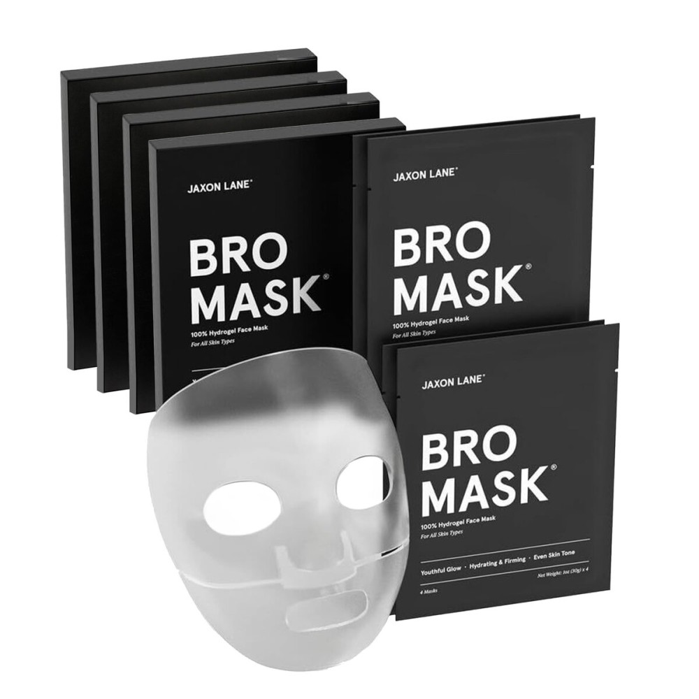 JAXON LANE BRO MASK Premium Korean Face Mask for Men (4 x 4 Pack) - Anti Aging Sheet Masks w/Hydrogel, Vitamin C, Hydrolyzed Collagen, & Hyaluronic Acid - Perfect Skin Care Stocking Stuffers for Men