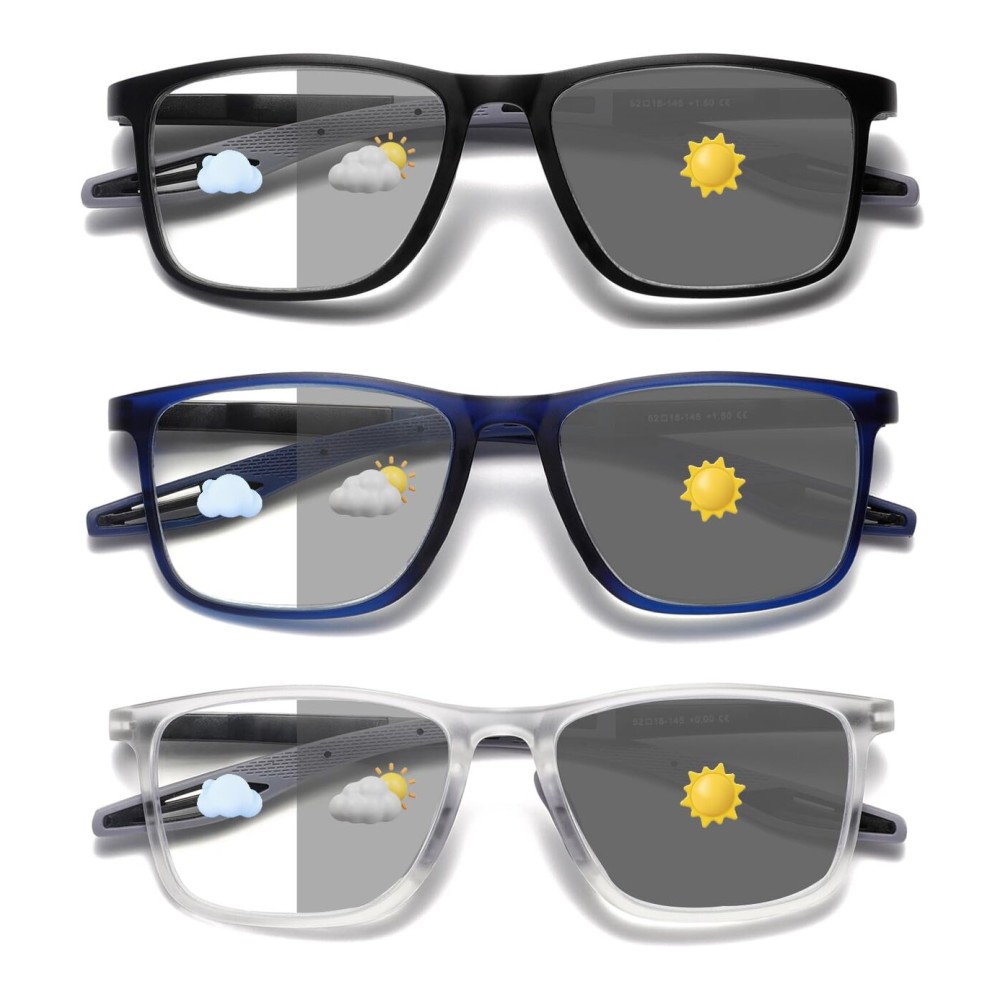 Hubeye Photochromic Reading Glasses for Men and Women TR90 Sport Reader Anti Glare UV Ray Filter Matte black+Matte blue+Transparent+1.0
