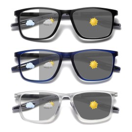 Hubeye Photochromic Reading Glasses for Men and Women TR90 Sport Reader Anti Glare UV Ray Filter Matte black+Matte blue+Transparent+1.0