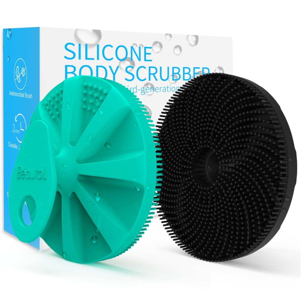 BEAUTAIL Silicone Body Scrubber 2 Pack, Gentle Bristles Shower Bath Brush, Lather Nicely, Soft Massage Body, More Hygienic Than Loofah, Gentle Exfoliating for Sensitive Skin, Green+Black