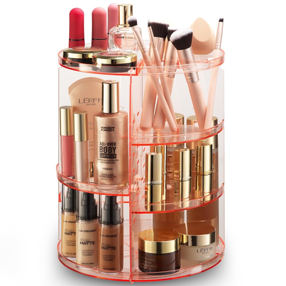 Masirs 360 Rotating Makeup Organizer - Adjustable Shelf Height and Fully Rotatable - The Perfect Round Spinning Cosmetic Organizer for Bedroom Dresser or Vanity Countertop Storage (Pink)