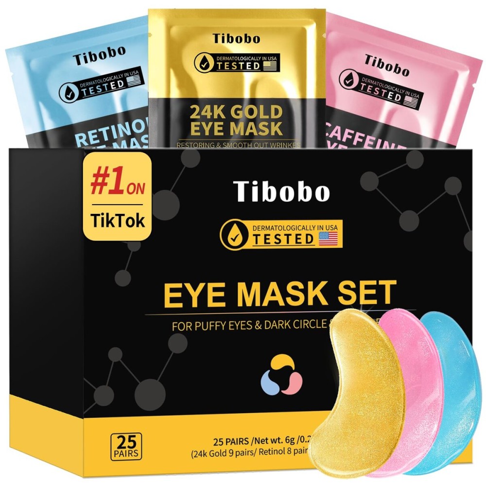 Under Eye Patches(25 Pairs), Stocking Stuffers Gifts for Women, 24K Gold, Caffeine, Retinol Eye Masks for Puffy Eyes, Wrinkles, Dark Circles - Restoring & Awakening & Moisturizer