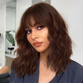 Nnzes Short Wavy Bob Wig with Bangs for Women Shoulder Length Curly Brown Chocolate Synthetic Heat-Resistant Fiber Hair for Daily & Party Use
