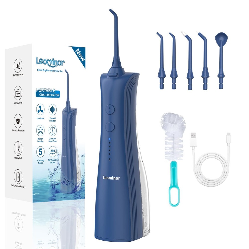 Leominor Water Flosser - 5 Modes Cordless Portable Oral Irrigator, IPX7 Waterproof, Rechargeable Teeth Cleaner Professional Flossing Cleaning Pick for Home Travel (D Blue)