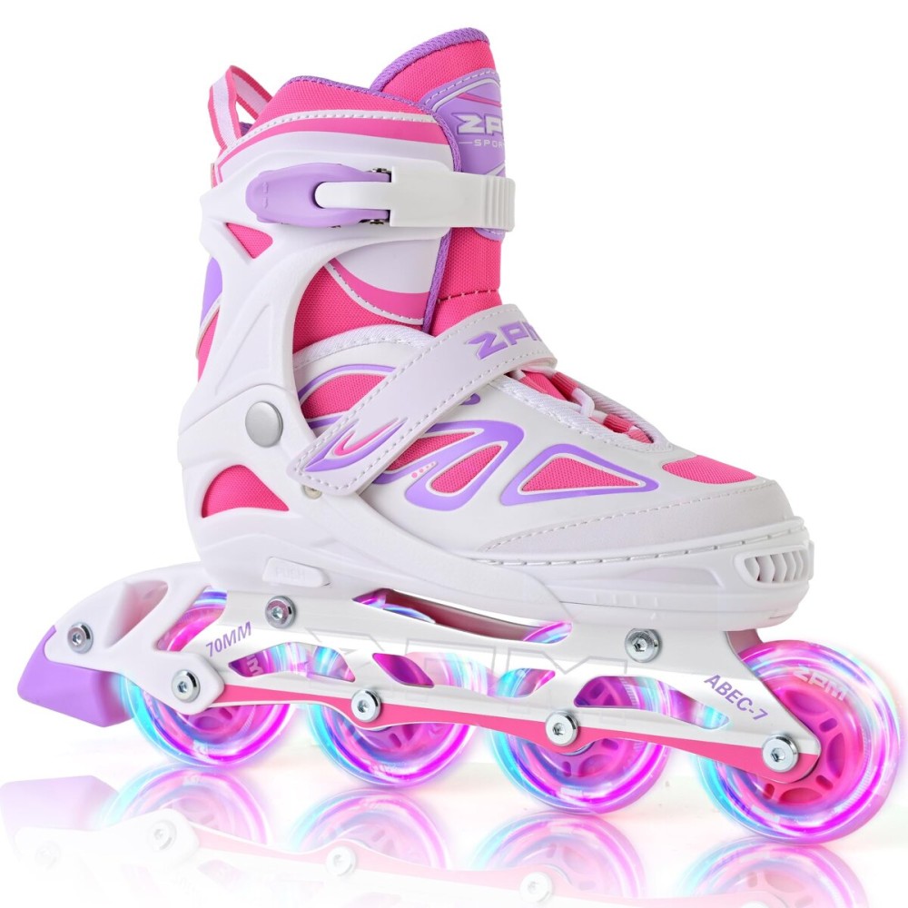 2PM SPORTS Vinal Inline Skates for Girls Boys Kids Ages 5-8 8-12 with Adjustable Illuminating Wheels, Inline Roller Skates for Youth Women Men - White Pink Small