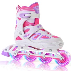 2PM SPORTS Vinal Inline Skates for Girls Boys Kids Ages 5-8 8-12 with Adjustable Illuminating Wheels, Inline Roller Skates for Youth Women Men - White Pink Small