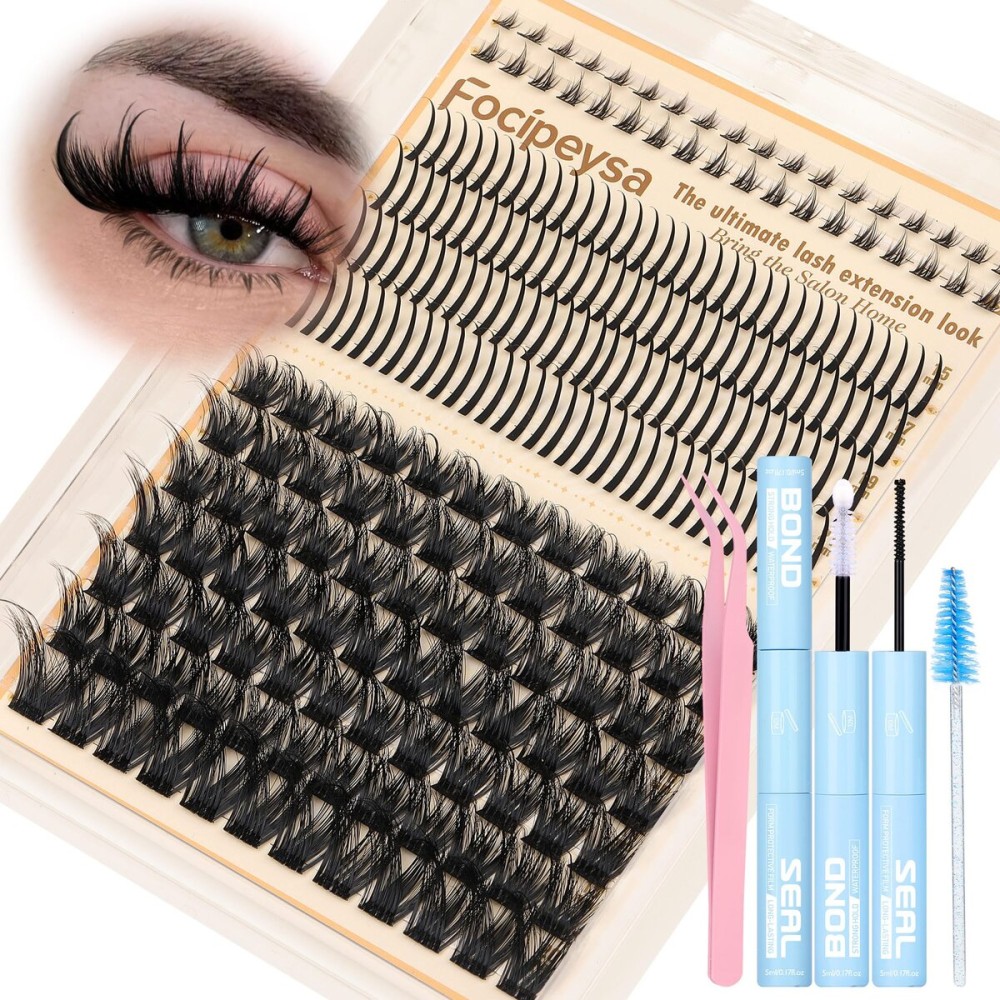 Focipeysa Volume Eyelash Clusters Kit with Spike Lash Cluster Bottom Individual Lash Extensions Wispy Individual Eyelash Extensions Kit with Lash Bond and Seal DIY Lash Clusters at Home