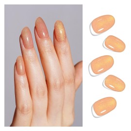 DANNI & TONI Semi Cured Gel Nail Strips Nude with Orange Cat-Eye Effect (Nude Mirage) Gel Nail Wraps Gift for Woman 28 Stickers