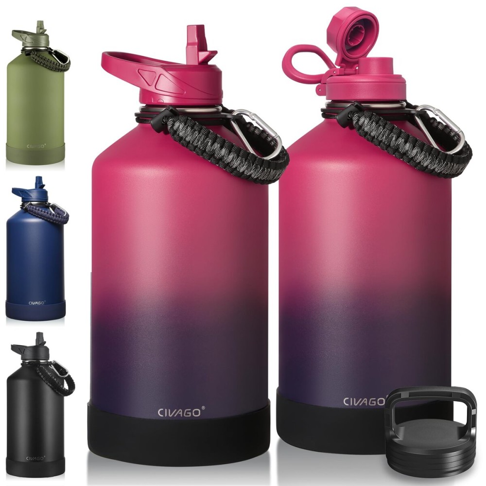 CIVAGO Gallon Insulated Water Bottle Jug with Straw, 128 oz Large Stainless Steel Water Flask, Big Metal Thermal Mug with 3 Lids for Sports, Travel, Gym, and Camping, Dark Rainbow