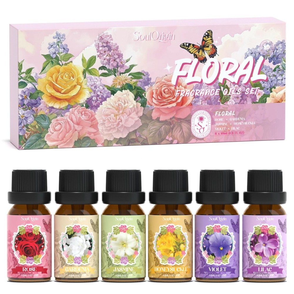 Soulorigin Floral Essential Oils Set, Fragrance Oil Gift Set for Diffuser, Natural Scent Diffuser Oil for Candle Making- Rose, Gardenia, Jasmine, Honeysuckle, Violet, Lilac