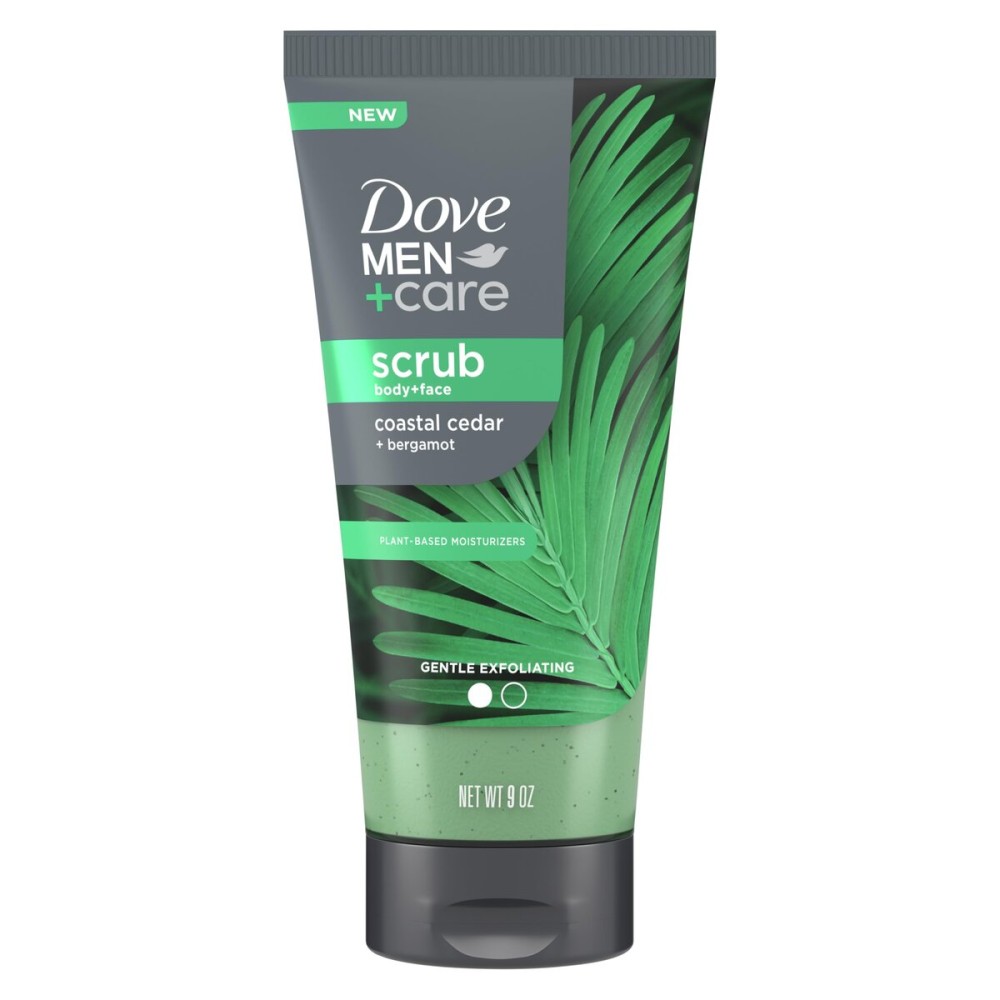 DOVE MEN + CARE Body and Face Scrub Costal Cedar Deeply Exfoliates for Hydrated & Nourished Skin 100% Gentle Cleanser, No Sulfate Cleansers or Parabens, 98% Biodegradable Formula 9 oz