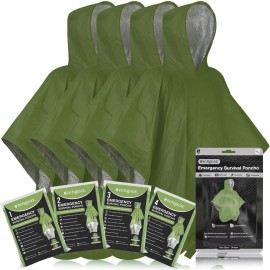 aZengear Emergency Survival Poncho (4pc) Thermal Mylar Foil Blanket for Heat Retention and Rain | Reversible with Hood | Waterproof, Windproof, Portable, Hands-Free, Outdoor Kit (Green)