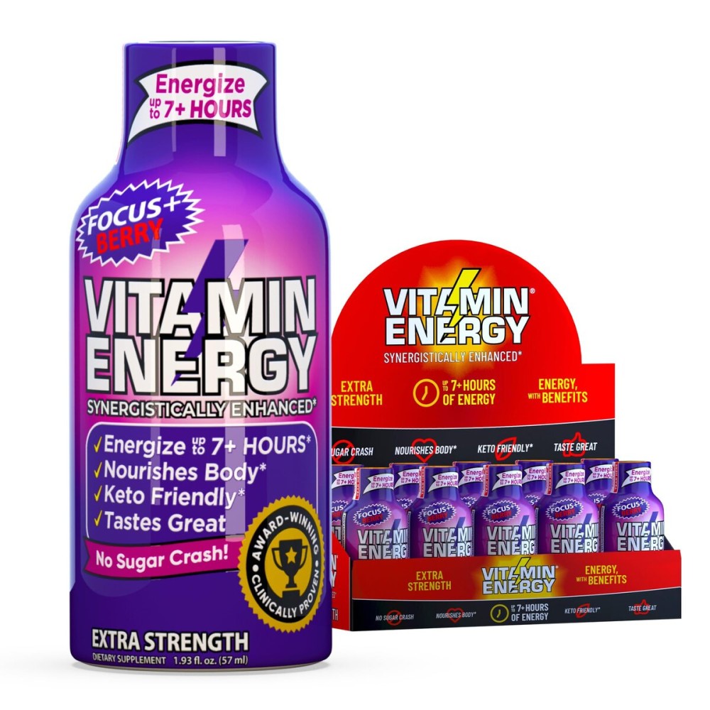 Vitamin Energy Focus+ Extra Strength Energy Shot Berry 10 Pack, 260mg Natural Caffeine, B-Vitamins, CoQ10, Amino Acids, Focus, Productivity & Clarity, Zero Sugar, Gluten-Free, 1.93 fl oz