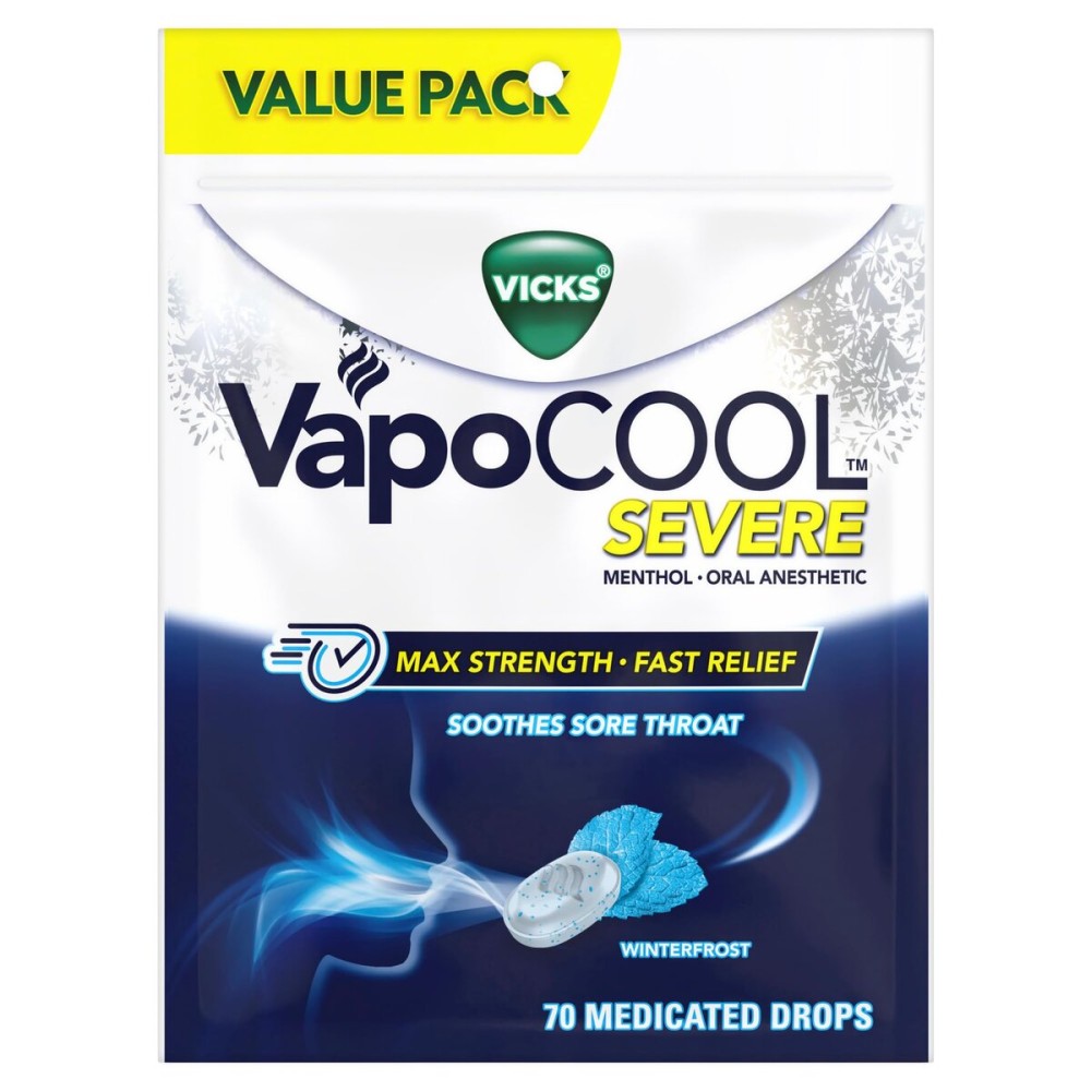 Vicks VapoCool Severe Medicated Sore Throat Drops, Max Strength Menthol, Soothes Sore Throat Pain, Winterfrost Flavor, 70 Count