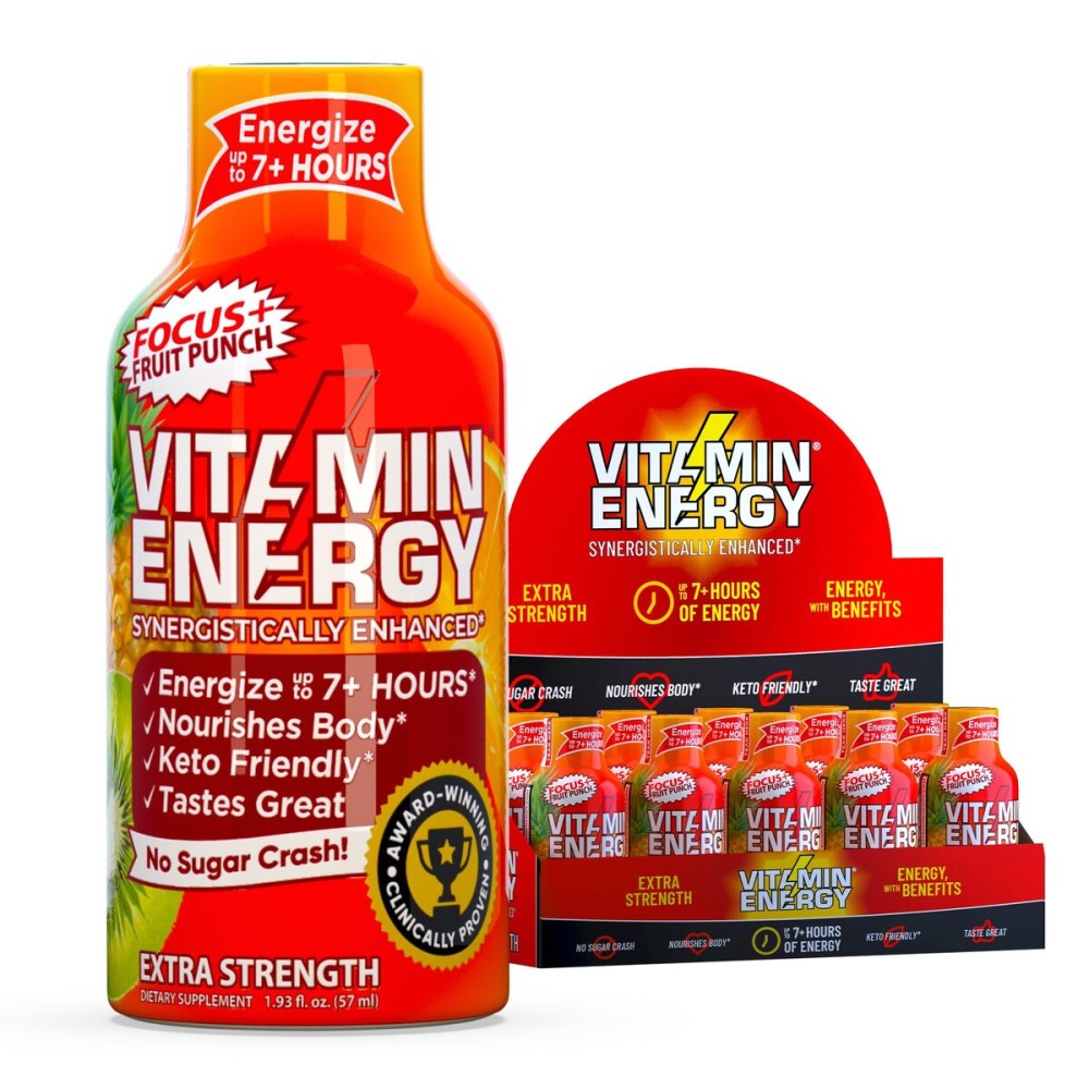 Vitamin Energy Focus+ Extra Strength Energy Shot Fruit Punch 10 Pack, 260mg Natural Caffeine, B-Vitamins, CoQ10, Amino Acids, Focus, Productivity & Clarity, Zero Sugar, Gluten-Free, 1.93 fl oz