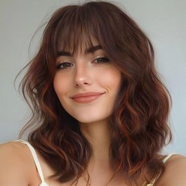 Ucubb Short Curly Wigs with Bangs for Women 14 Inches Wavy Bob Wig Synthetic Heat Resistant Fiber Wigs