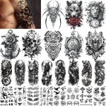 Aresvns 3D Half Sleeve Black Temporary Tattoos, Lion Wolf Skull Military Totem Fake Tattoo, Christmas tattoo stickers for Men Women,Cosplay BBQ Beach Pool party go Hiking Camp accessories