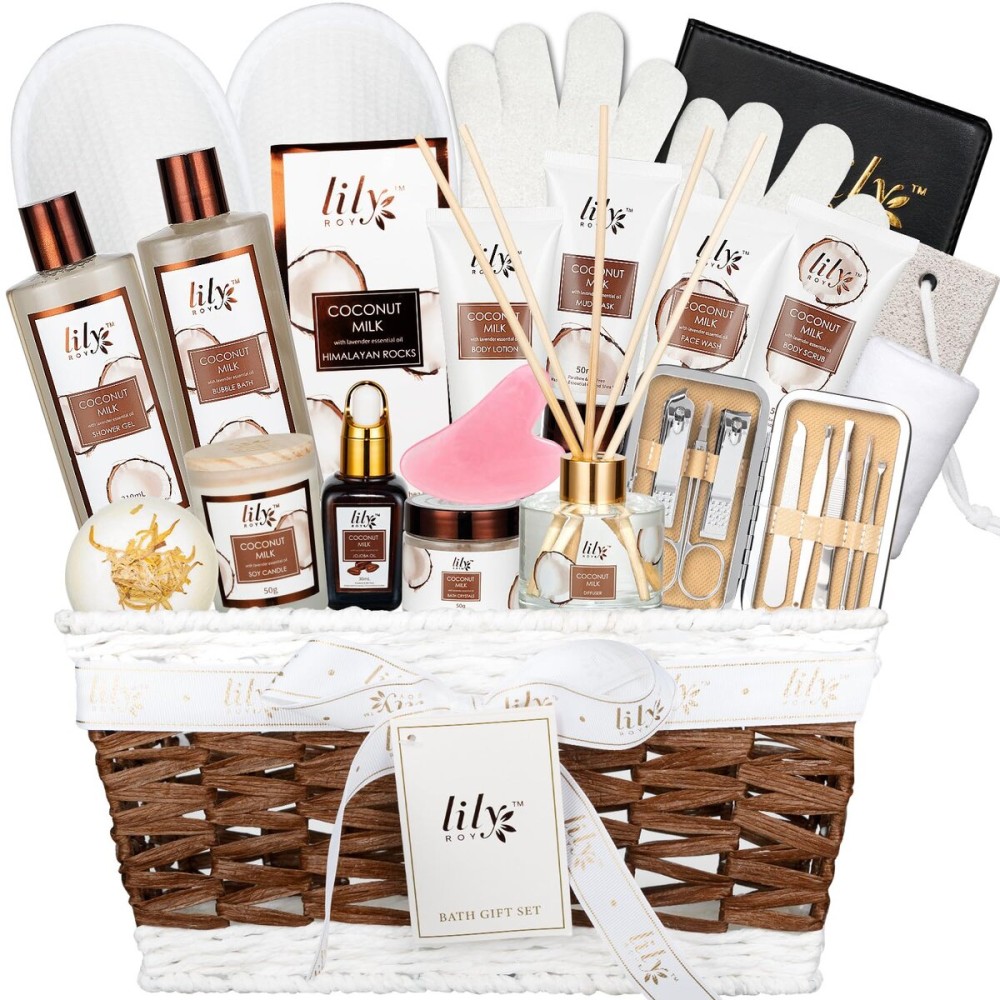 Coconut Vanilla Spa Gift Set for Women Christmas Gifts - Luxurious 28-Piece Body Care Collection, Moisturizing Bath & Body Basket Gift Set for Mother\'s Day, Birthday, Self Care Gift