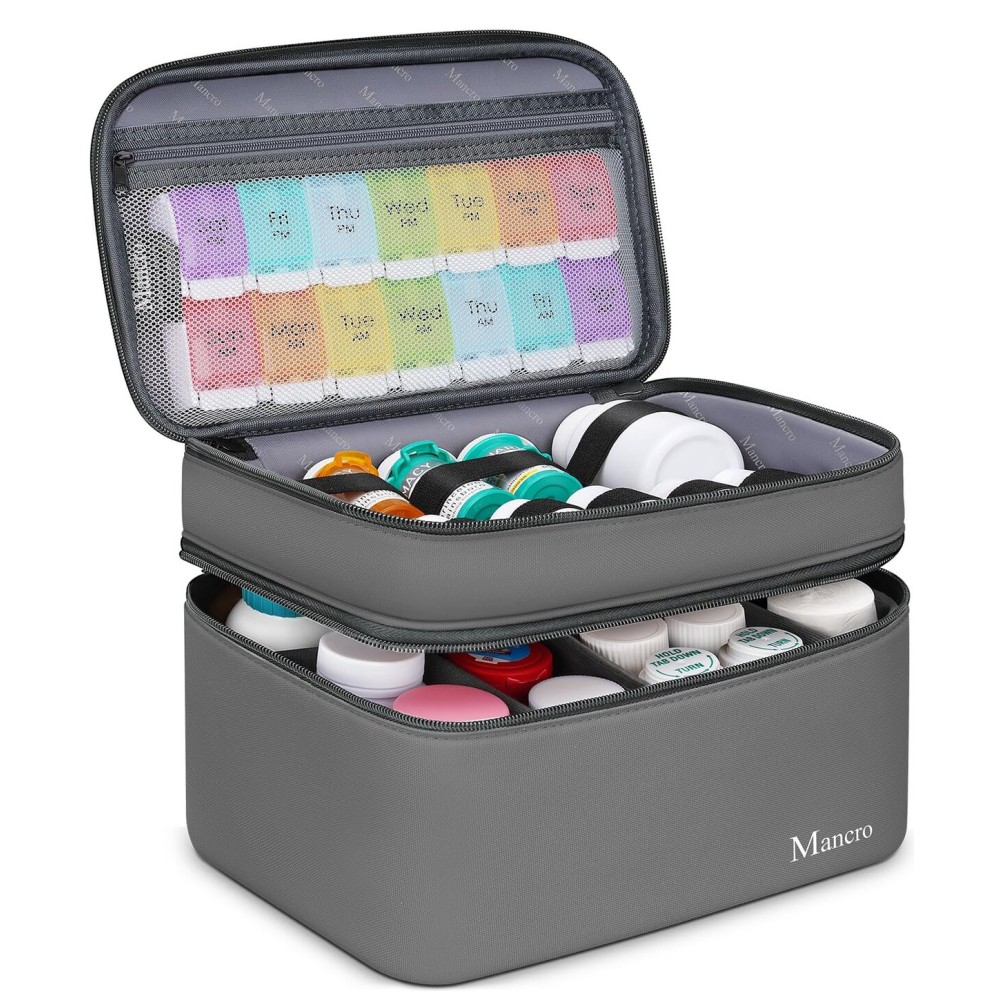 Mancro First Aid Bag Empty with Lockable Zipper, Dual Layers Pill Bottle Organizer Storage for Home, Medication Travel Bag for Pills, Vitamins, Emergency Supplies, Travel, Grey